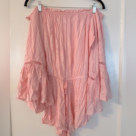 Pink Off The Shoulder, Flowy Sleeve Romper - Picture 1 of 5